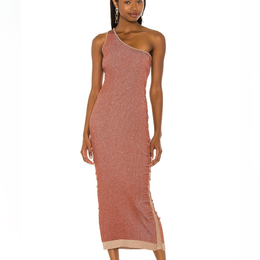 Suboo Leah One Shoulder Dress in Rust/Gold Bodycon Ruched Shimmer Dress Midi XS
